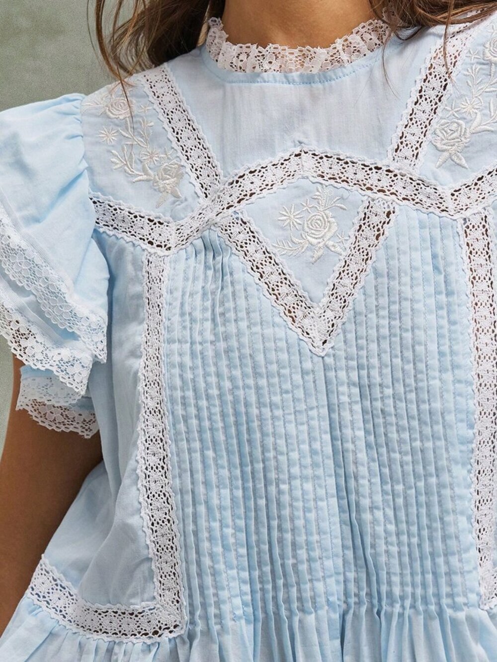Blue Cottagecore Boho Women's Embroidered Ruffled Patchwork Blouse - Picture 7 of 8